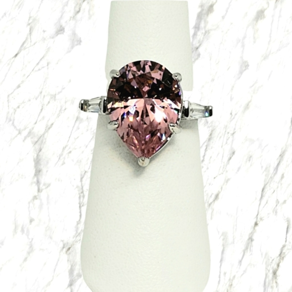 NEW Sterling Silver Pink Teardrop Pear Shaped Ring Women's Size 7